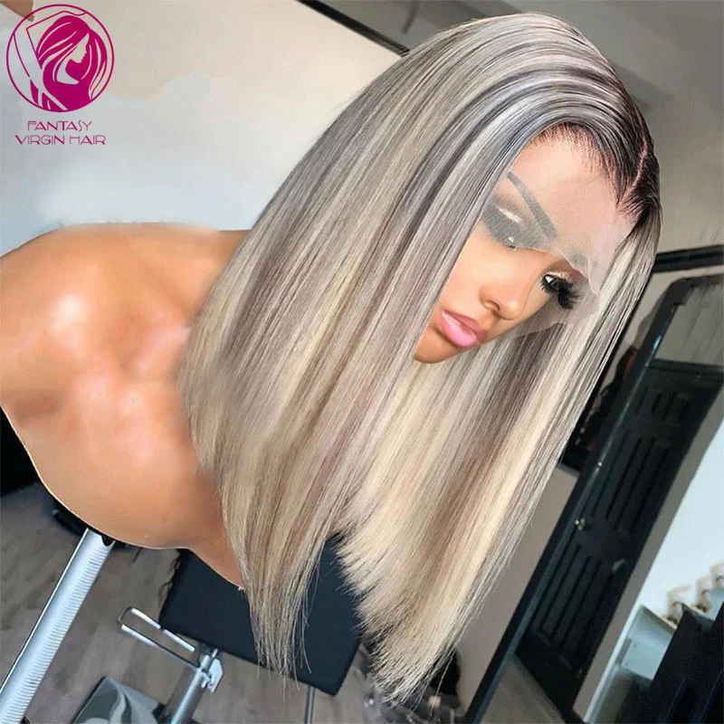 

Human Hair Lace Part Wig Short Bob Straight 613 Ash Grey Blonde Ombre Highlights Color Chinese Virgin Hair 13x1 Lace Wig 150%