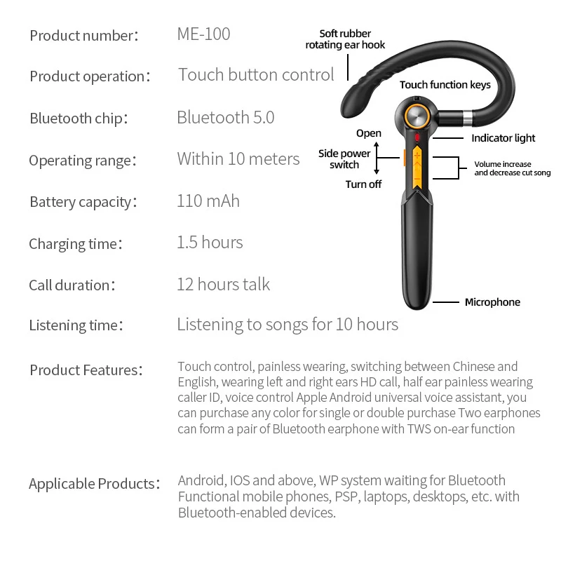 

Fingerprint Touch 5.0 Bluetooth Earphone Handsfree HIFI Wireless Single Ear Hook Headset Waterproof Earpiece With Mic