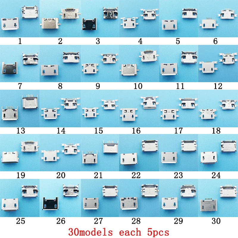 150 шт./компл. 30 моделей 5 контактный разъем Micro USB порт зарядного устройства гнездо