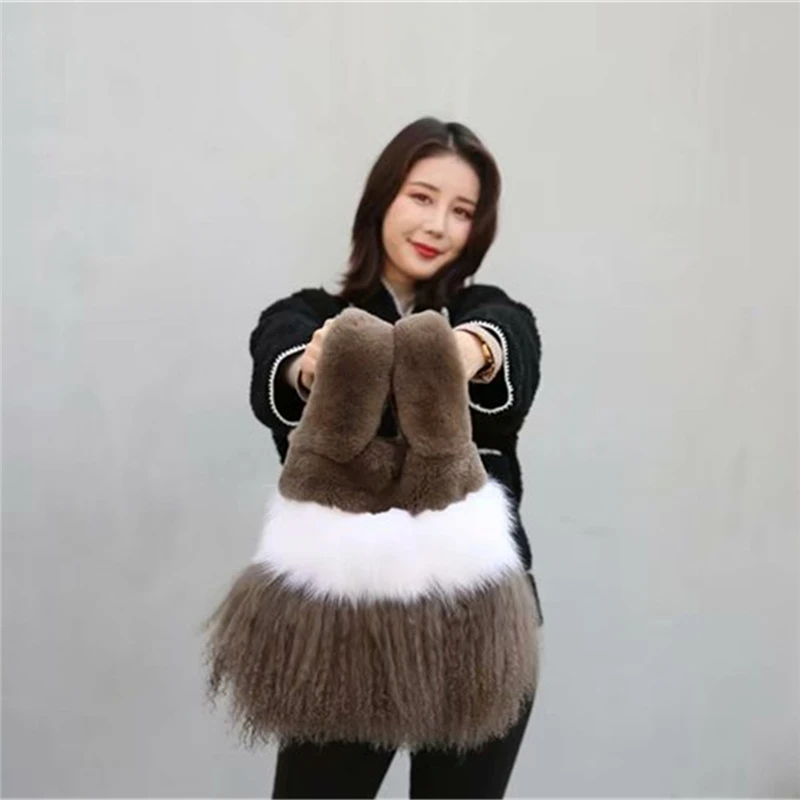 

IANLAN Casual Womens Mongolian Sheep Fur Handbags Fluffy Fox Fur Tote Bags Real Rex Rabbit Fur Shopping Bags IL00569