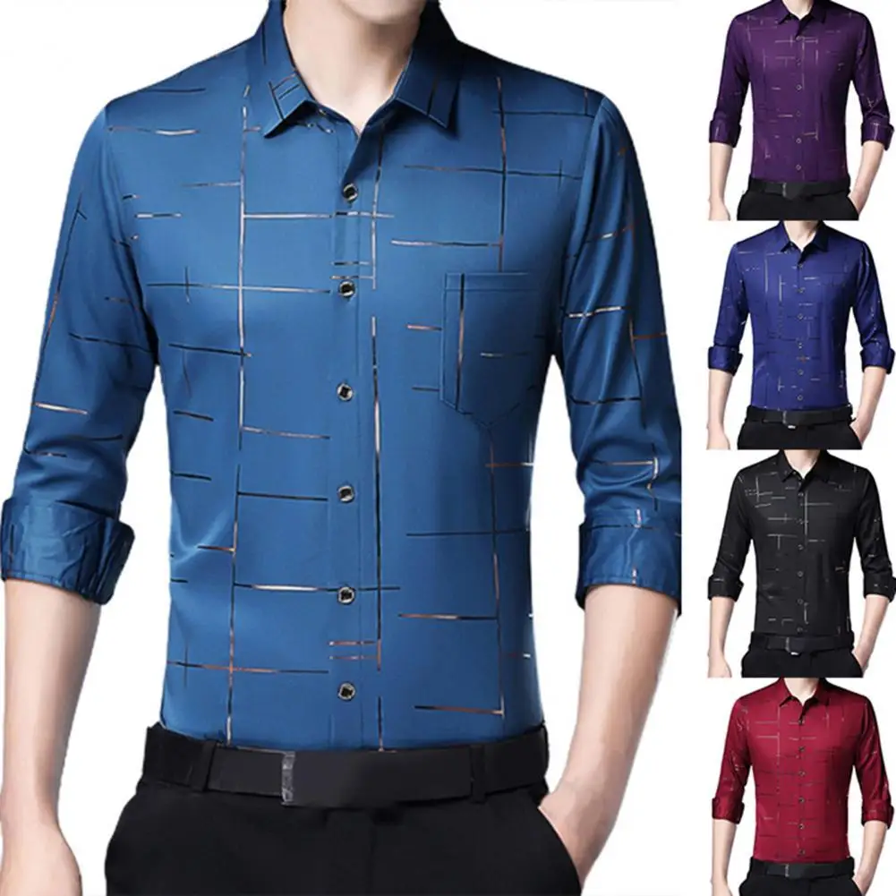 

Men Dress Shirt Irregular Stripes Satin Surface Casual Single-breasted Turndown Collar Long Sleeve Shirt for Business