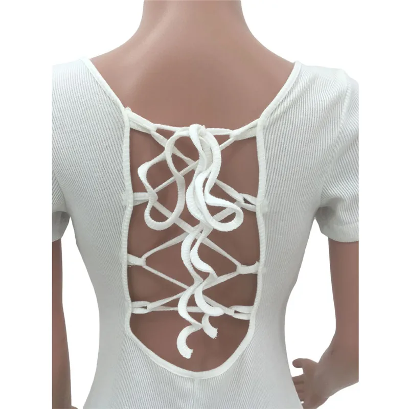 Knitted Fitness Casual Biker Playsuit Bodysuit Short Sleeve Lace Up Hollow Out Bodycon Rompers Womens Jumpsuit Shorts Summer