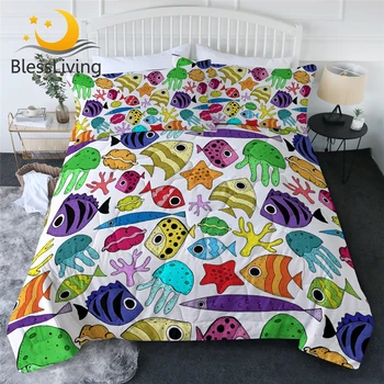 BlessLiving Fish Summer Quilt Set Watercolor Blanket Ocean Creature Bedding 3pcs Marine Animal Bedspread Cartoon Couette De Lit 1