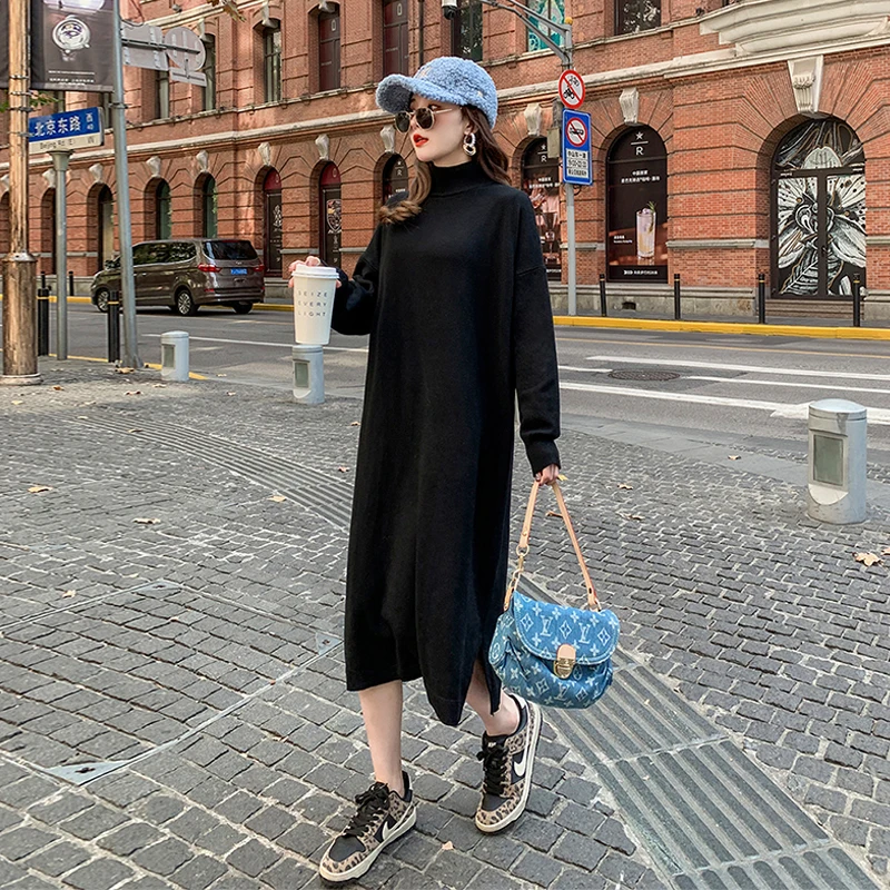 

Knitted bottoming dress for women autumn winter thickening half high neck mid-length loose sweater dress over the knee