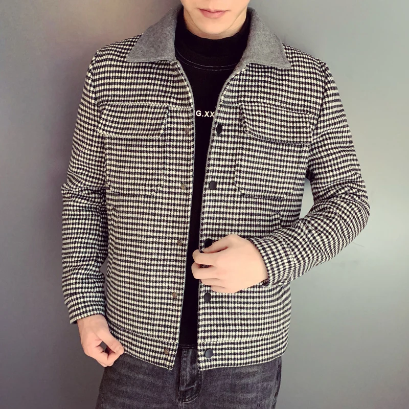 

Autumn Winter Overcoat Woolen Coat Gray Coffee Plaid Smart Casual Mens Wool Coat England Middle Long Coats Jackets Slim Fit Male