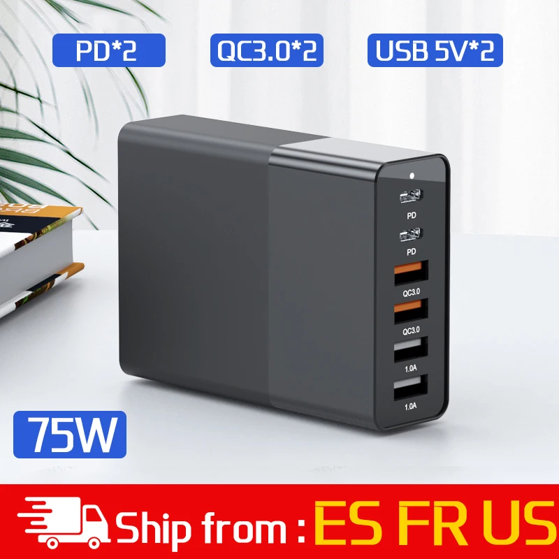 

Универсальное быстрое зарядное устройство 75 Вт с 6 портами Dual PD 3,0 Dual QC3.0, держатель для телефона, зарядное устройство с многослойной защитой,...