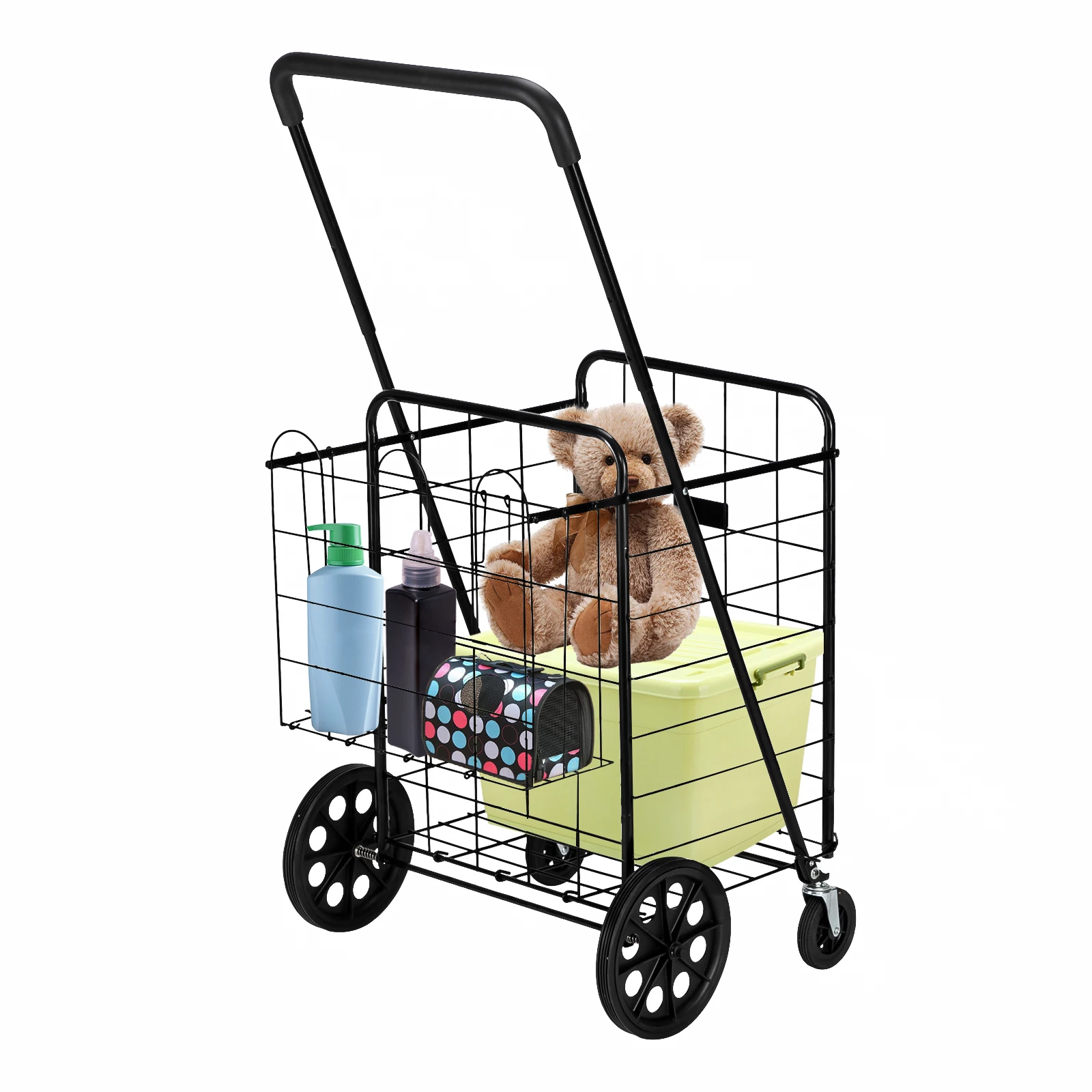 

Foldable Shopping Cart 110/120CM Telescopic Armrest Storage Basket 0.8mm No.16 Round Tube Iron 30/50kg Black/Silver[US-Stock]