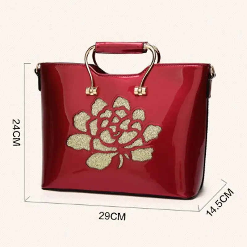

Smooth Leather Purse Woman Tote Bag Retro Flower Bright Patent Leather Handbags Shoulder Bags for Girls Lady Gift