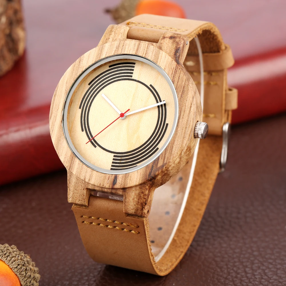 Часы наручные мужские с деревянным ремешком модные коричневые кожаным в полоску