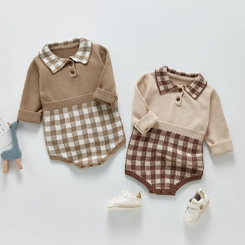 Spring New Baby Long Sleeve Knit Bodysuit Fashion Plaid Print Infant Boy Gentleman Jumpsuit Newborn Girl Party Clothes 6M-3T