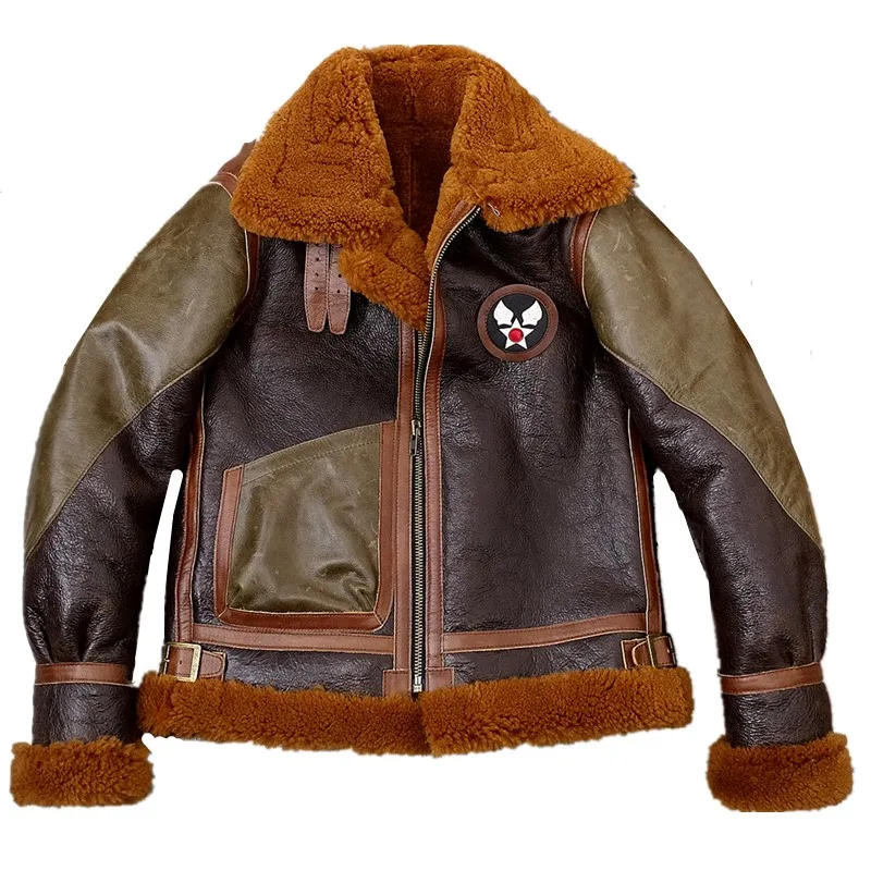

Thickening native high-density sheep fur one warm badge version of B3 leather jacket