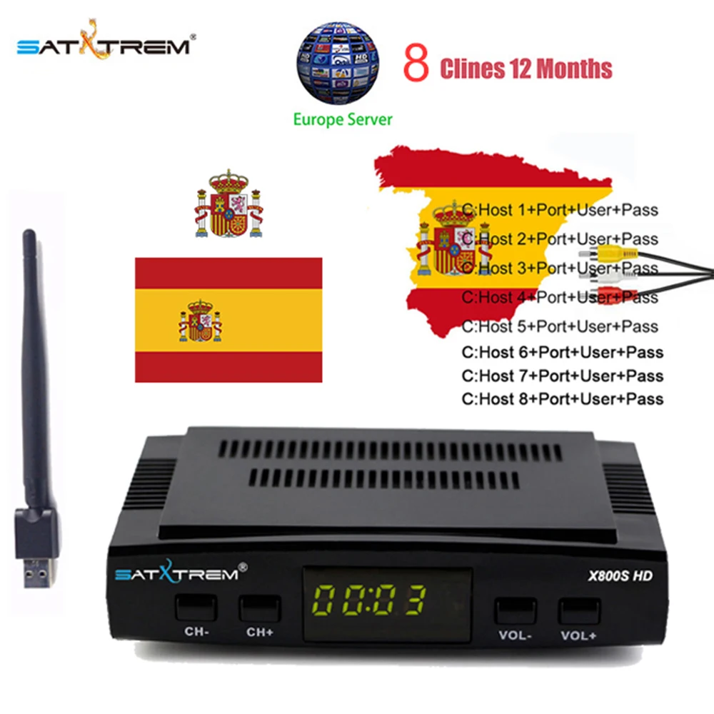 Satxtrem X800S HD Ccam спутниковый ресивер DVB-S2 Цифровой 1080P рецептор Azamerica Испания ТВ Тернер приемник с MT7601 Wifi