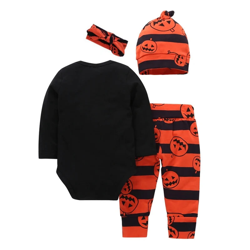 

0-24M Toddler Baby Boy Halloween Pattern Long Sleeve Letters Romper Pumpkin Trousers Headband Hat Outfits Clothes