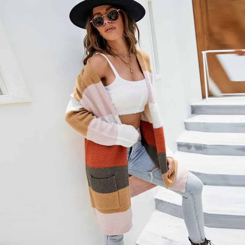 

Lady Loose Top 2021 Autumn Winter Women Cardigan Warm Vintage Knitted Sweater Jacket Contrasting Color Blouse Long Sleeve Coat