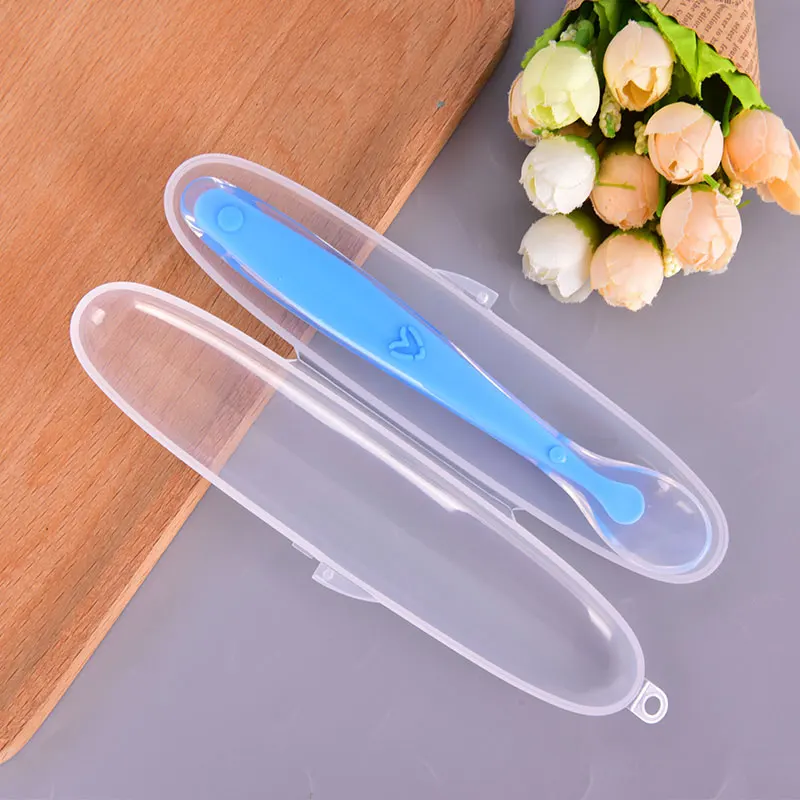 Cuchara antideslizante de entrenamiento para beb&eacute;, vajilla bonita de silicona de grado alimenticio para alimentaci&oacute;n de beb&eacute;, cuchara de alimentaci&oacute;n con caja de almacenamiento, 1 ud.-5