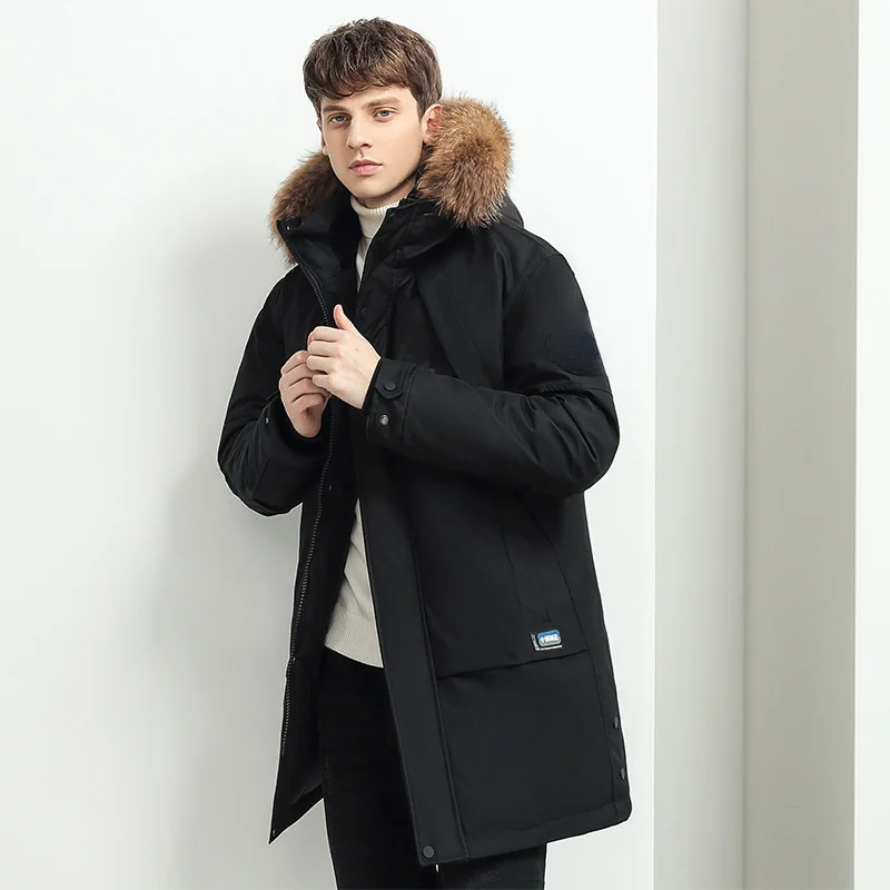 Down Jacket Men's Tooling Mid-length 2021 Winter Big Fur Collar Hooded Pie Overcoming Thickened Down Jacket Men
