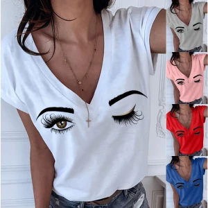 

2021 Summer S-5XL Plus Size Eyebrows Eyes Deep V-neck Women's T-shirt New Solid Casual Women's Tops Short Sleeve Tshirts funny