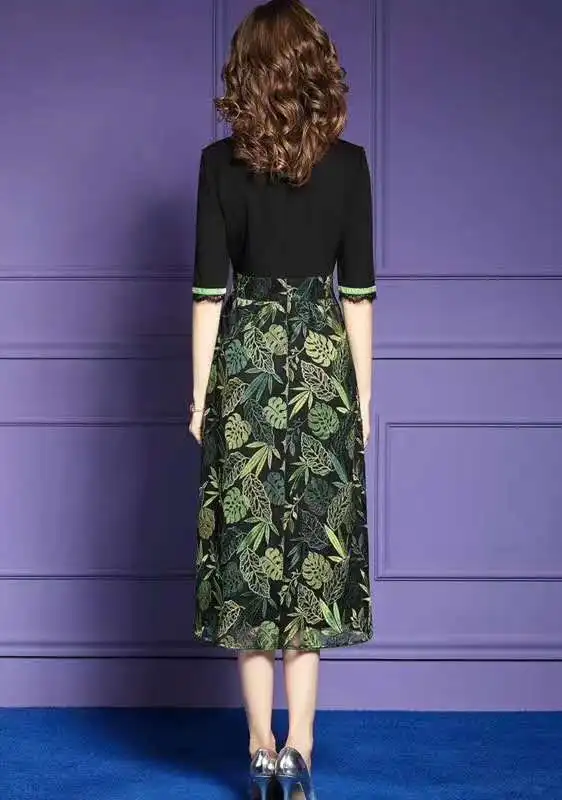 

Plus Size 2020 Spring Summer Party Event Women Green Leaves Print Patchwork Half Sleeve Mid-Calf Length Dress High Quality