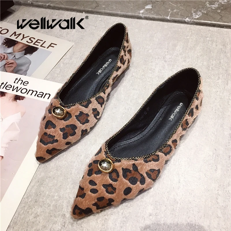 Леопардовая обувь на меху женские балетки плоской подошве с острым носком шикарный стиль складывающаяся