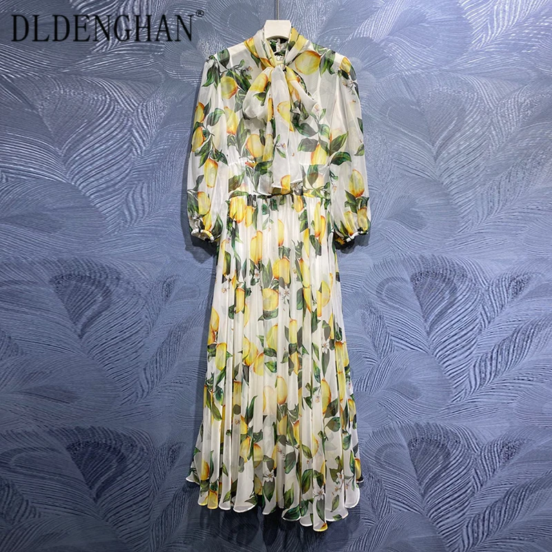 

Платье DLDENGHAN женское шифоновое с бантом на воротнике, модельное дизайнерское длинное платье в богемном стиле с рукавами-фонариками и лимонн...