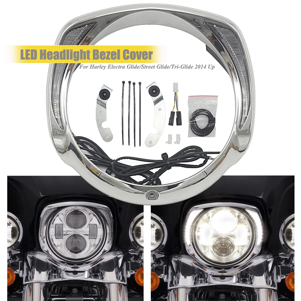 

For Touring Tri Road King Street Electra Glide Low FLHTCU Ultra Limited Chrome Daytime Running LED Headlight Bezel Light