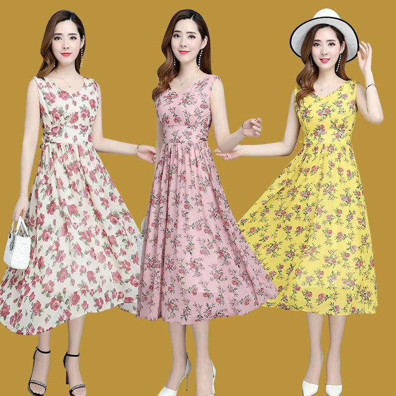

New fashion high waist retro flower dress Korean elegant large swing dress women's sleeveless V-neck dress SS1078