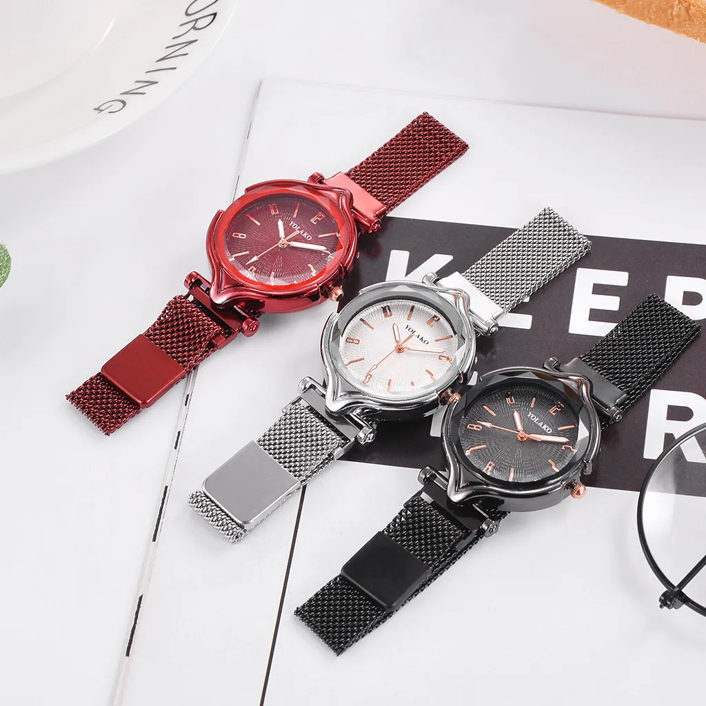 

YOLAKO Women Watches Rose Gold Irregular Mirror Ladies Quartz Watch Stainless Steel Band Magnet Buckle Wristwatch /d