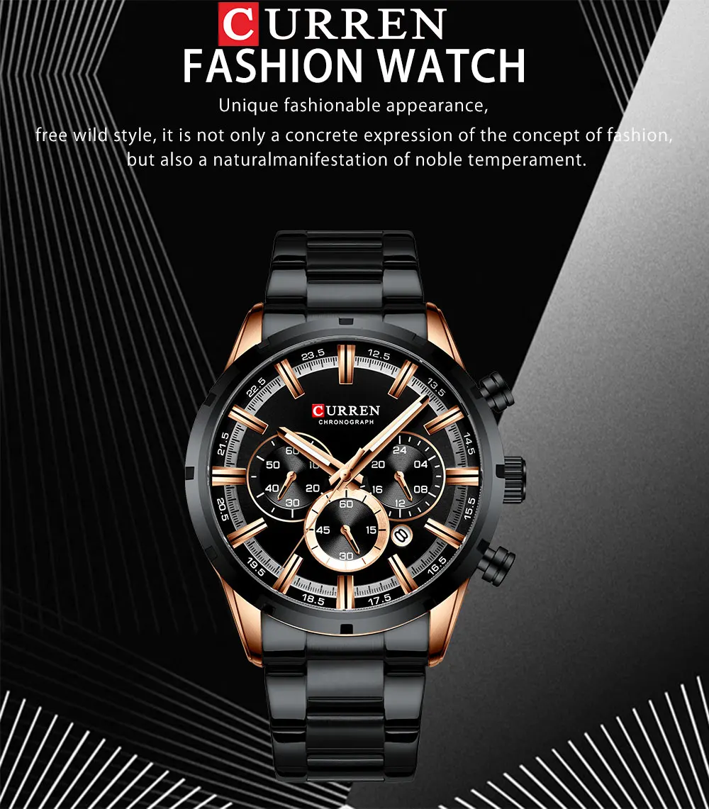 Luxury Brand CURREN Sporty Watch Mens Quartz Chronograph Wristwatches with Luminous hands 8355 Fashion Stainless Steel Clock