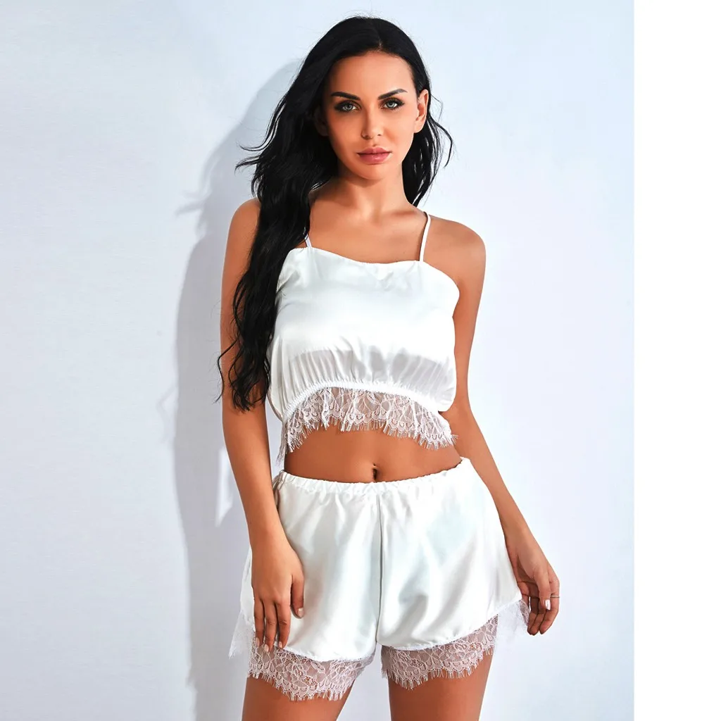 Женский атласный кружевной бюстгальтер шелковые пижамы белые шорты комплект
