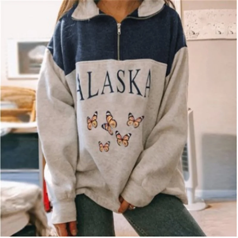 

Women Stand Collar Half Zipper Sweatshirt Fashion Letter Printed Long Sleeve Blouse Pullover Famale Casual Street Outwear Tops