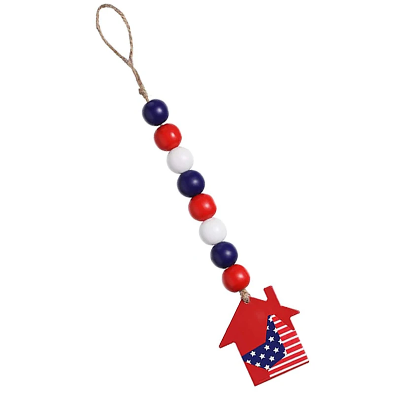 

4 Pieces Patriotic Independence Day Wood Bead Garland with American Flag, Farmhouse Rustic Bead with Heart House Wood