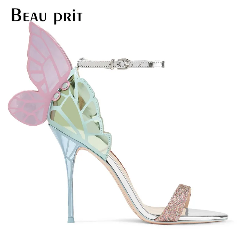 Туфли с металлическими бабочками женские босоножки на высоком каблуке свадебные