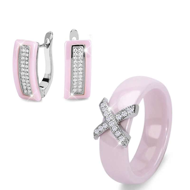 

Женский комплект ювелирных изделий из керамики, черного или белого цвета, Винтажное кольцо и серьги с блестящими фианитами, в форме Креста и...