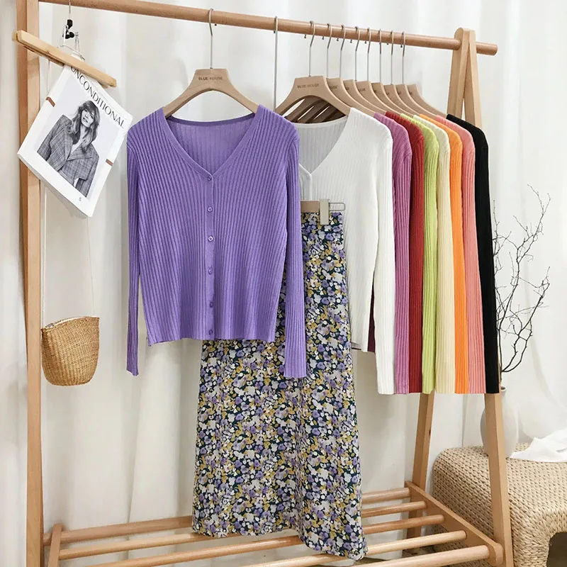 

Spring Cardigan Knitted Cardigan Ice Silk V-neck Sweater Women Vintage 2021 Sweaters For Women All-match Sunscreen Shirt Sweater