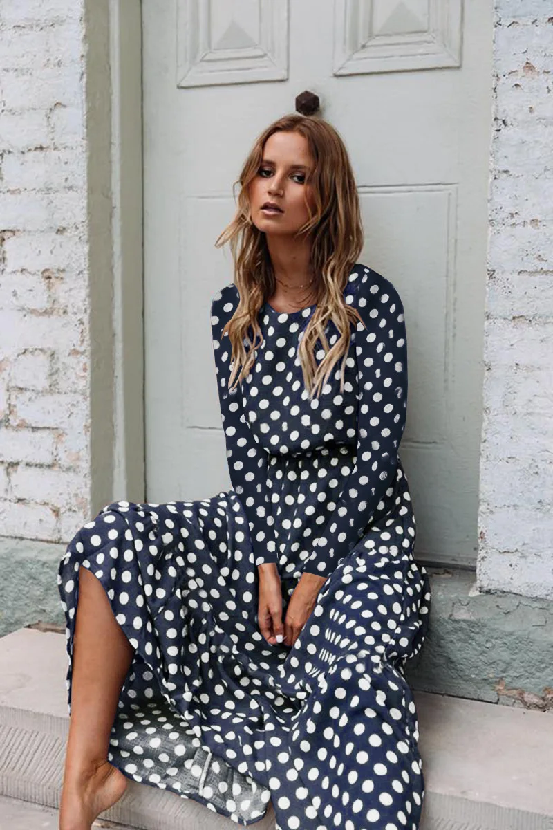 Best selling style autumn and winter 2020 fashion print Polka Dot round neck long sleeve women's dress 101290 | Женская одежда