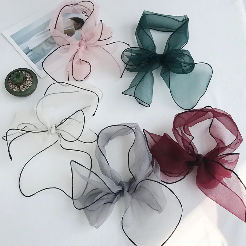 Женский тонкий летний шарф из органзы узкий длинный повязка на голову для