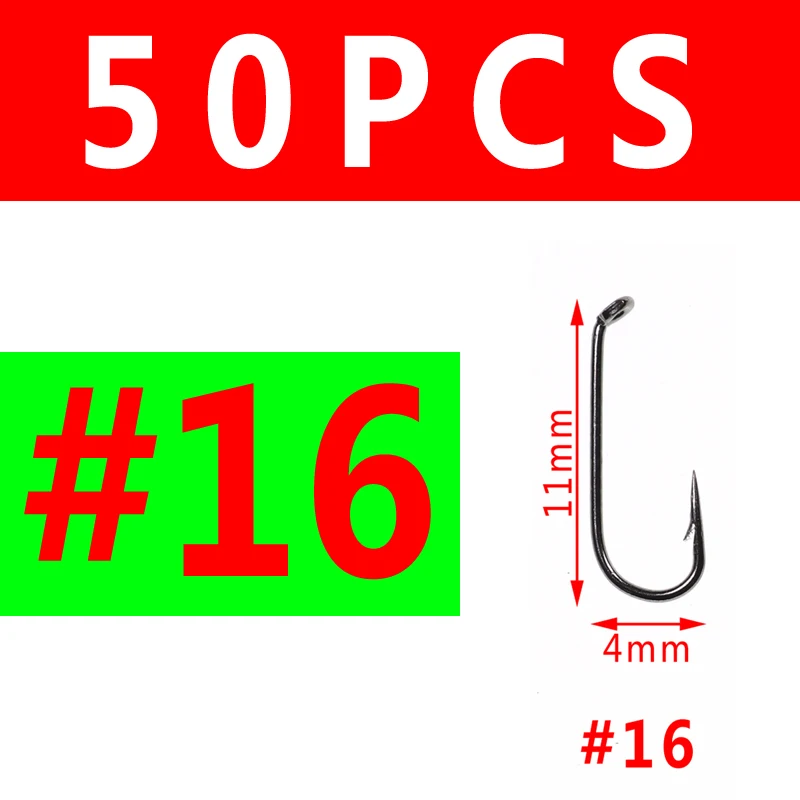 50PCS Size 16 Bimoo 50 шт. Fly Fishing Сухой Fly Hook 2X Стандартный Провод Nymph Hook Черный никель отделка для завязывания мух материал размеры 14 16 18 20 22 - Цвет: 50PCS Size 16