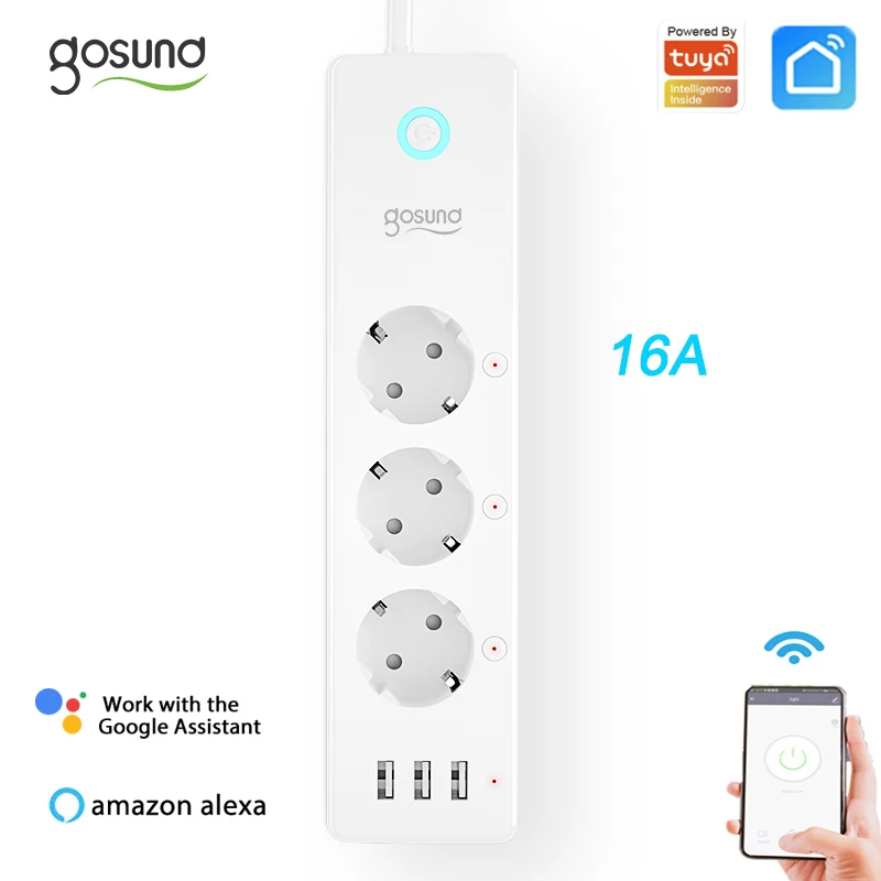 16A Tuya Gosund Smart Power Strip With 3 USB ports EU Outlet Independent Switch Multi-Plug Socket With Alexa and Google Home