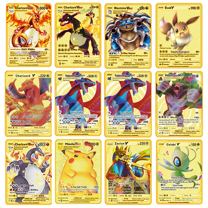

Новинка 2021, коллекционные карты Pokemon, металлическая V-карта, Charizard PIKACHU Golden Vmax, карта для взрослых и детей, фотоподарки