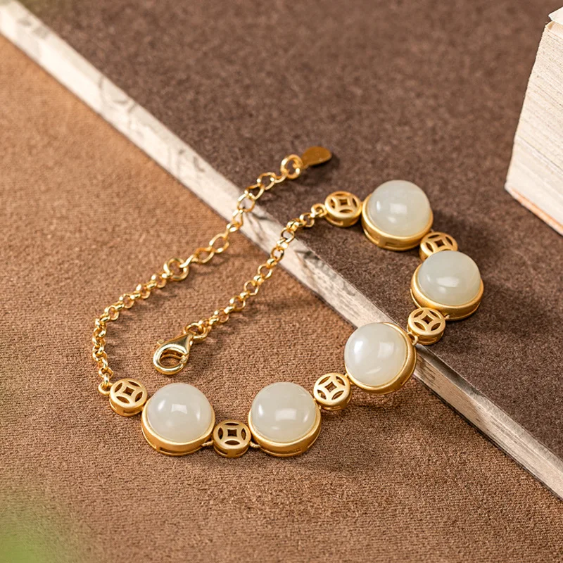 

S925 Sterling Silver Gold-Plated Inlaid Hetian White Jade Round Coin Fashion Temperament Ladies Bracelet Bracelet Jewelry