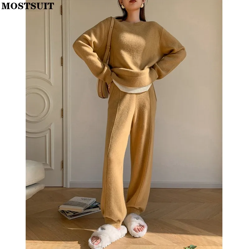 

Autumn Winter Knitted Pant Sets Women O-neck Sweater & Jogger Pants Suits Solid Loose Vintage Fashion Casual Two Piece Set