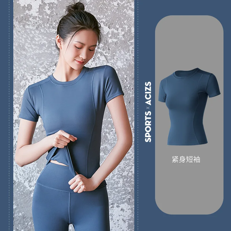 

Women Yoga Wear Sports Tshirts Fitness Tight Running Stretch Breathable Quick-Drying Thin Light Soft Slim Short Sleeves