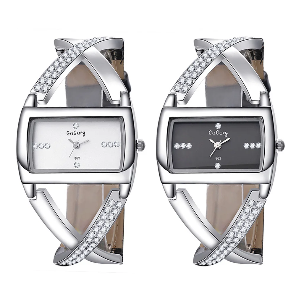 

Quartz Analog Casual Adjustable Women Wristwatch Fashion Daily Hollowed Crystal Rhinestone Stainless Steel Case Cross Bracelet
