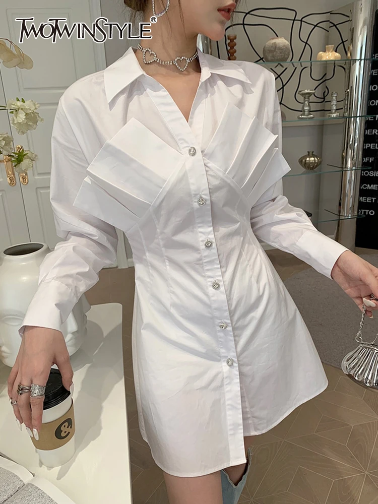 

TWOTWINSTYLE High Waist Plain Dress For Women Lapel Loose Long Sleeve Folds Single Breasted Mini A Line Dresses Female 2021 New