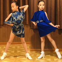 girls latin dress dancing performance clothes blue leopard bat sleeves costume samba ballroom modern practice wear kids bl4161
