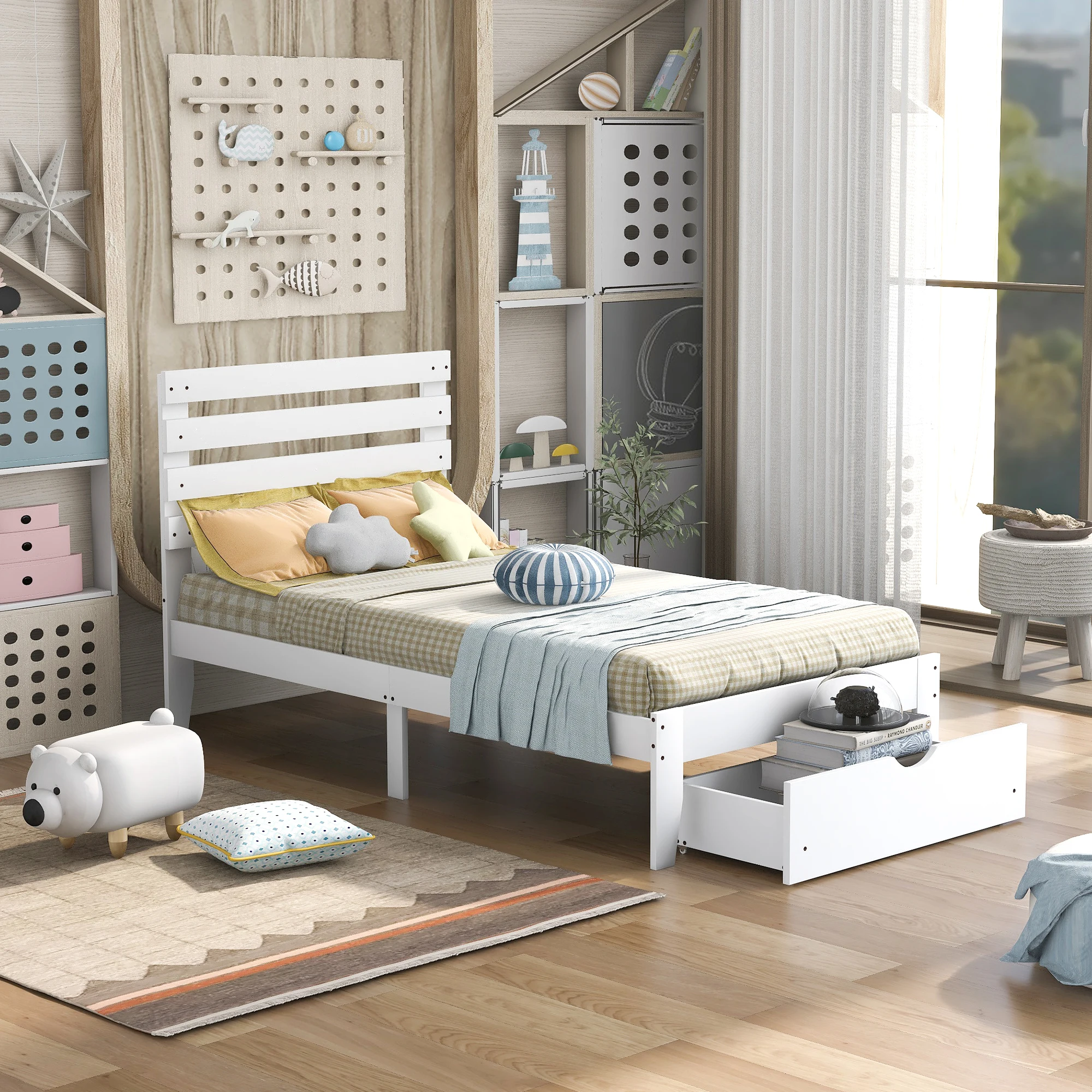

Twin Size Bed Frame Bedroom Furniture Platform Bed With Drawer Drop Shipping