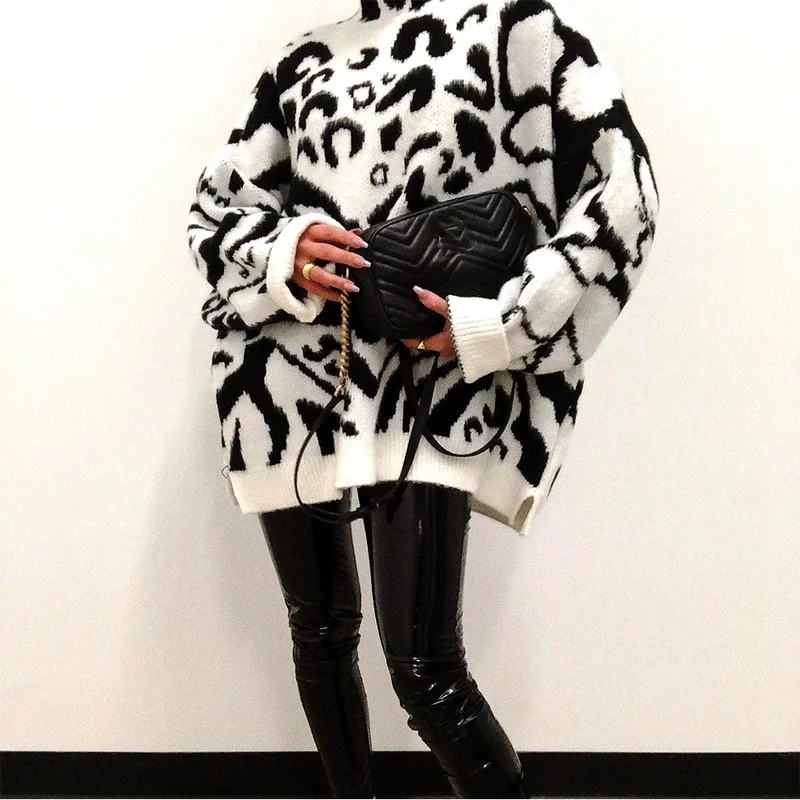 

Long Sleeve Zebra Knitted Female Fashion Autumn Warm Jumper Casual Pullover New Women Winter Turtleneck Loose Sweater One Size