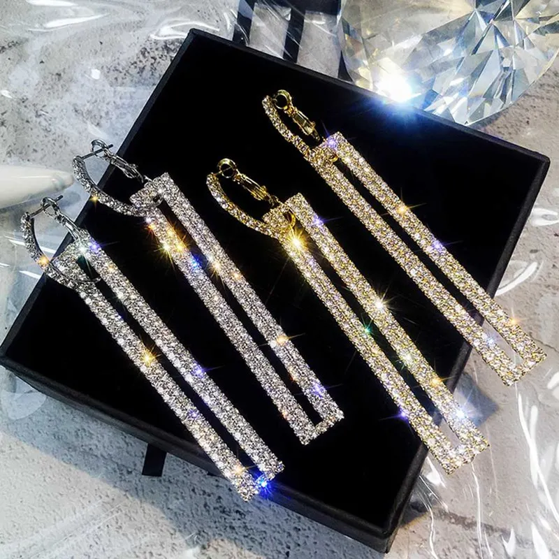 

Fashion Exaggeration Diamond Inlaid Rectangular Earrings Korean Earrings Long Full Diamond Earrings Female