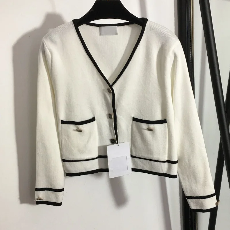 

2021 luxury design fashion high-end custom single breasted contrast women's knitted cardigan V-Neck long sleeve knitted cardigan