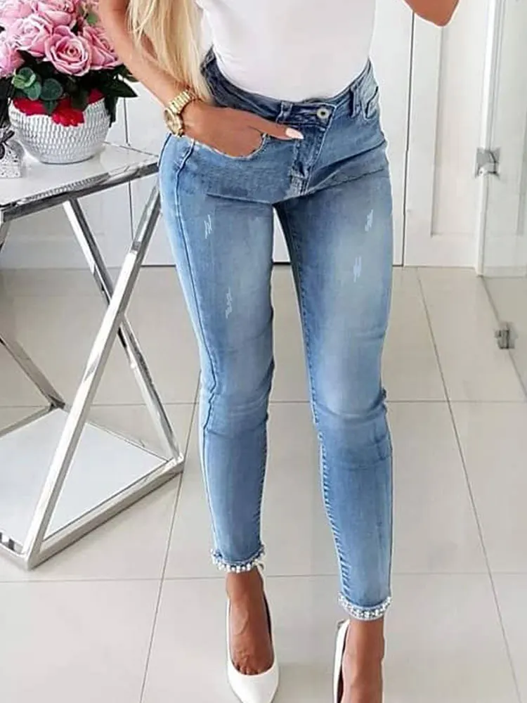 

Fashion Clothing Summer Female Plus Size Denim Pants Bottom Design Fitness High Waist Trousers Casual Bow Cuff Skinny Jeans